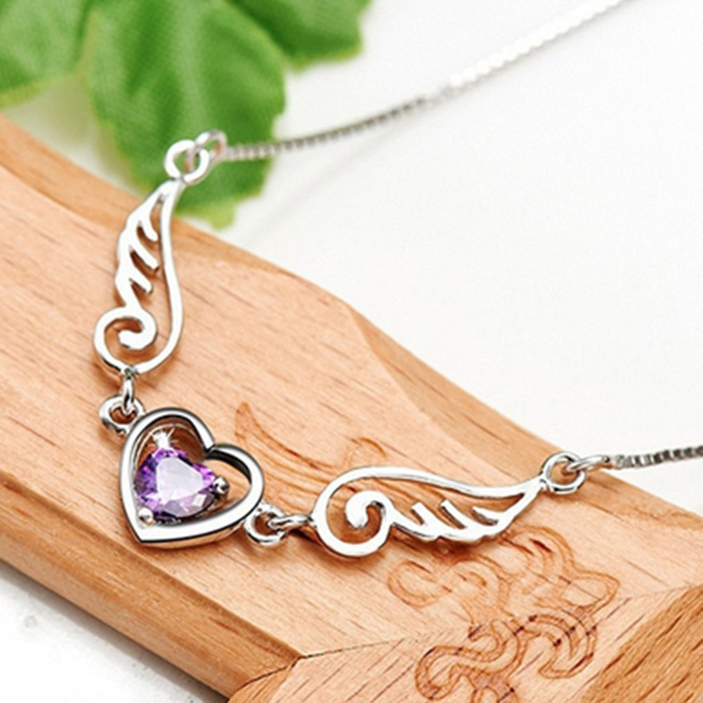 Women Fashion Angel Love Hollow Heart Shiny Rhinestone Wing Pendant Necklace
