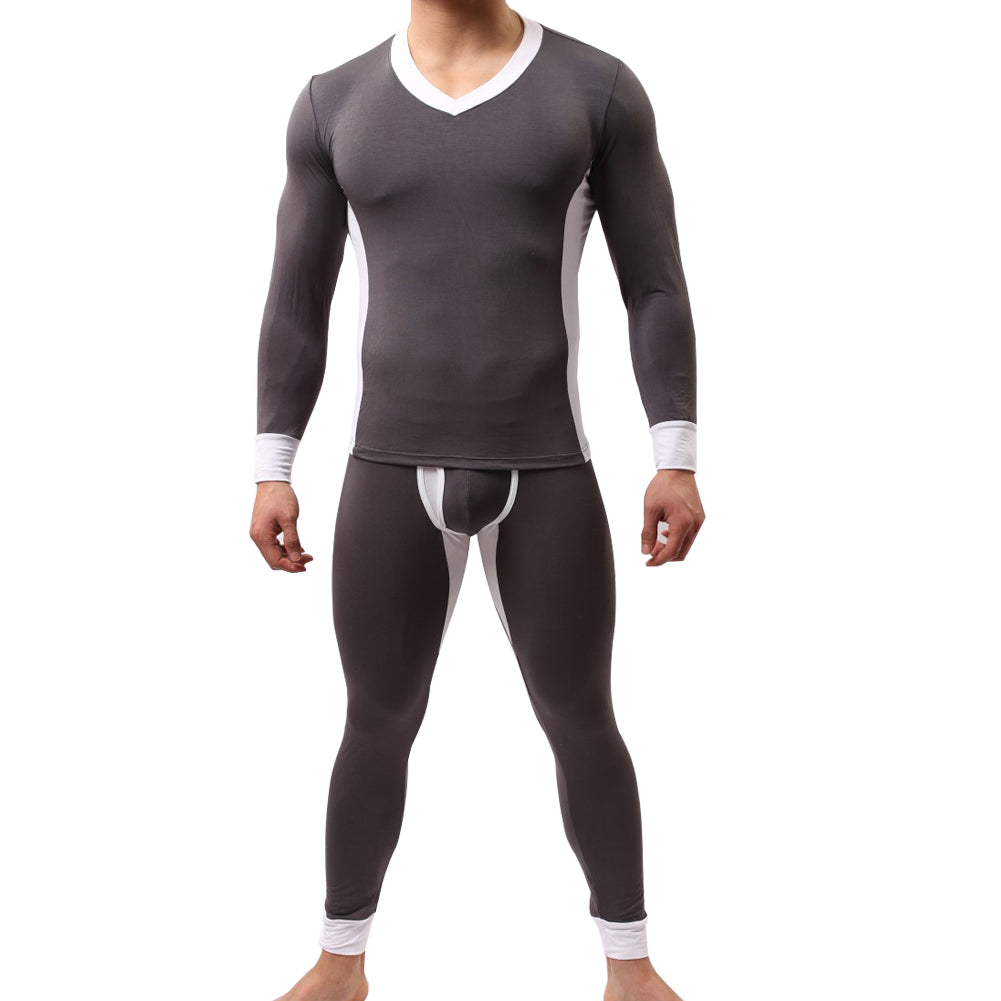 Winter Men Ultra Soft Color Block Thermal Underwear Set Top T-Shirt + Long Pants