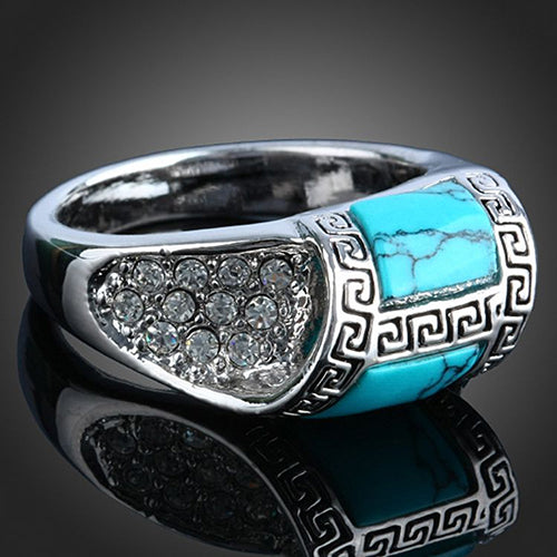 Turquoise Knurling Crystal Clear Rhinestone Ring 925 Sterling Silver