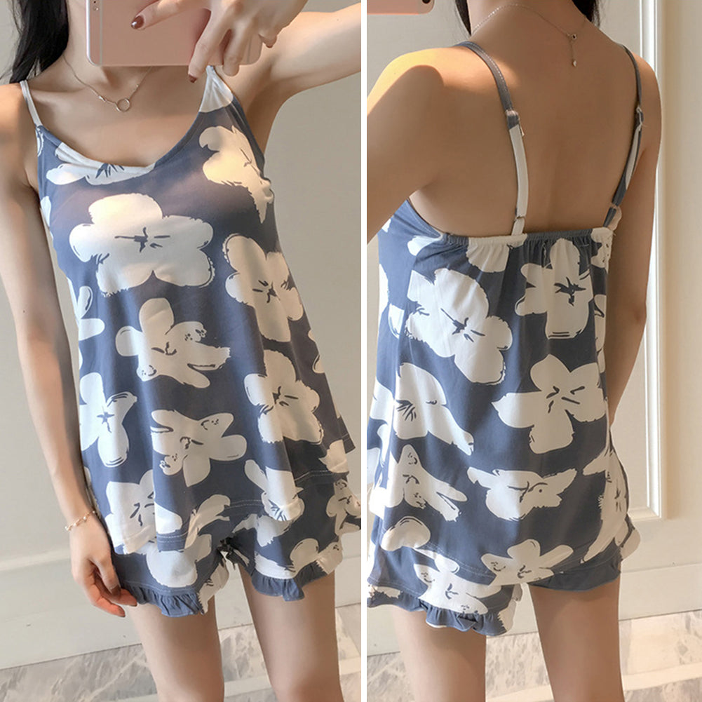 Fashion Lovely Flower Floral Sleeveless Top Shorts Women Sleepwear Pajamas Set