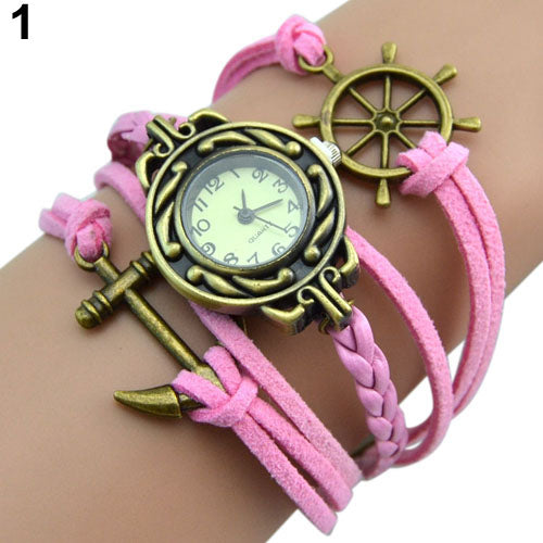 Lady Retro Rudder Anchor Charm Faux Leather Band Bracelet Quartz Wrist Watch