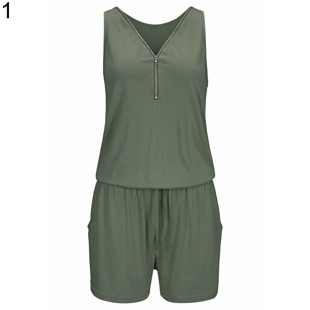 Sexy Women Beach Zipper V-Neck Sleeveless Slim Jumpsuit Romper Playsuit Shorts