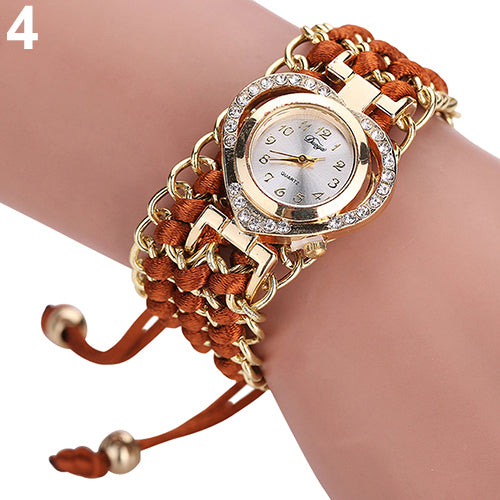 Women Fashion Love Heart Shiny Rhinestone Braid Band Analog Quartz Wrist Watch