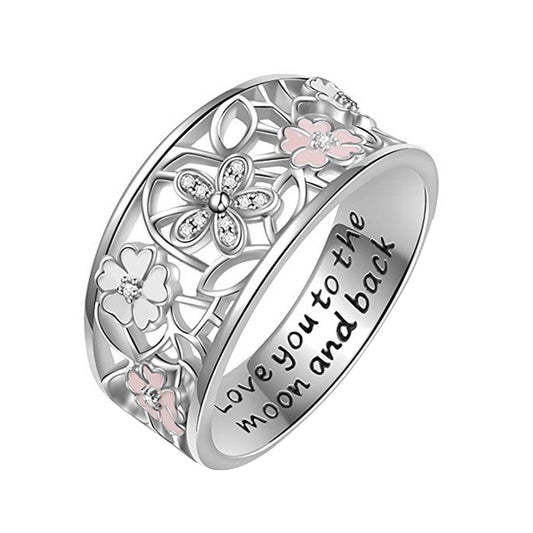 Women Fashion Hollow Flower Letters Rhinestones Ring Jewelry Birthday Gifts