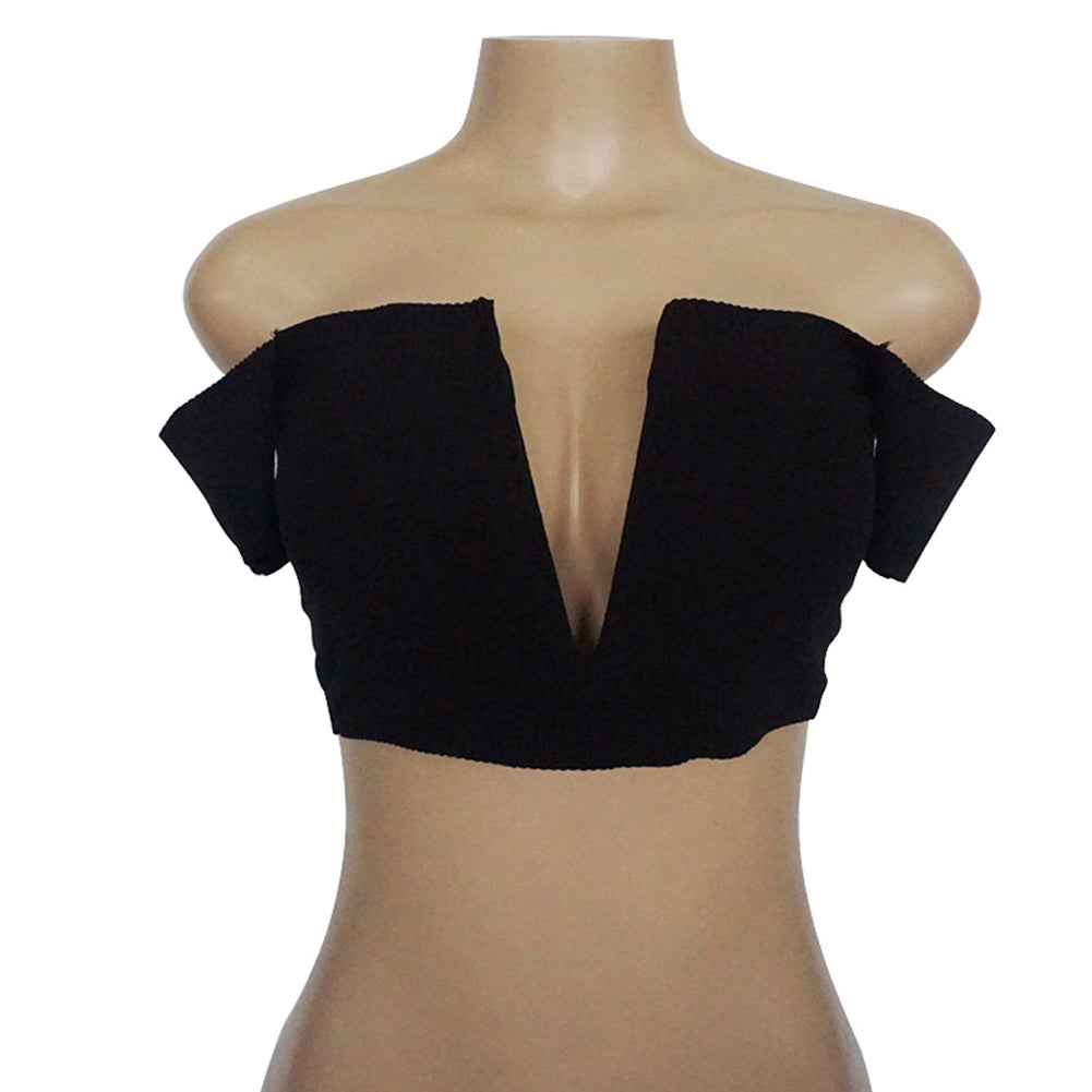 Sexy Off Shoulder Deep V-Neck Solid Color Slim Short Sleeve Club Lady Crop Top