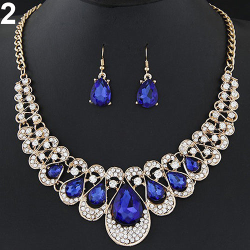 Women Fashion Rhinestone Waterdrop Pendant Necklace Shiny Earrings Jewelry Set