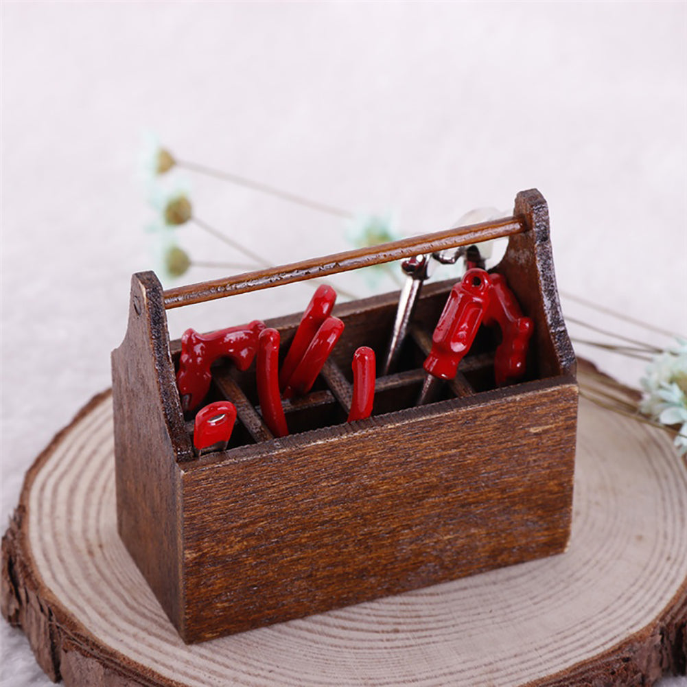 Miniature Wooden Box with Metal Tool Set Collection for 1/12 Dollhouse Decor