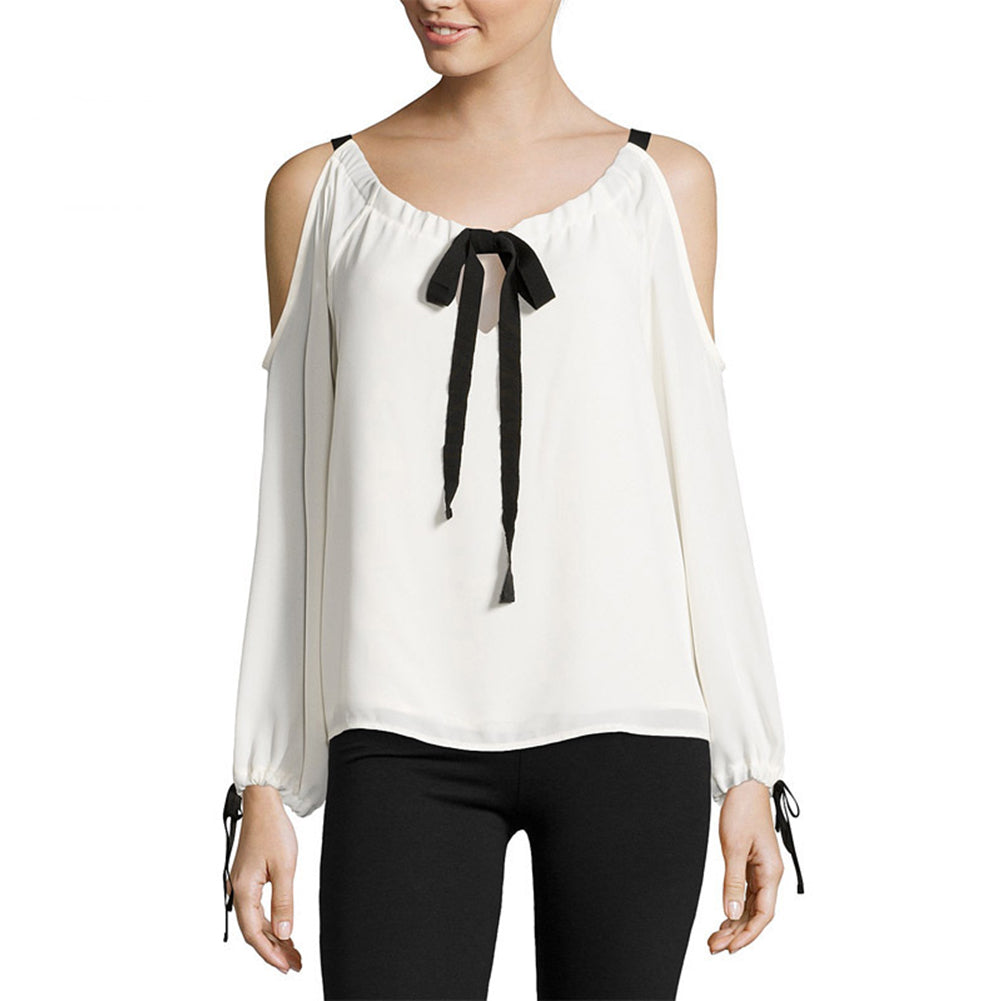 Women Bowknot Bandage Off Shoulder Long Sleeve Sexy Chiffon T-Shirt Top Blouse