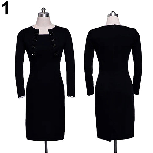 Women Elegant Long Sleeve Tunic Stretch Business Work Party Bodycon Sheath Dress