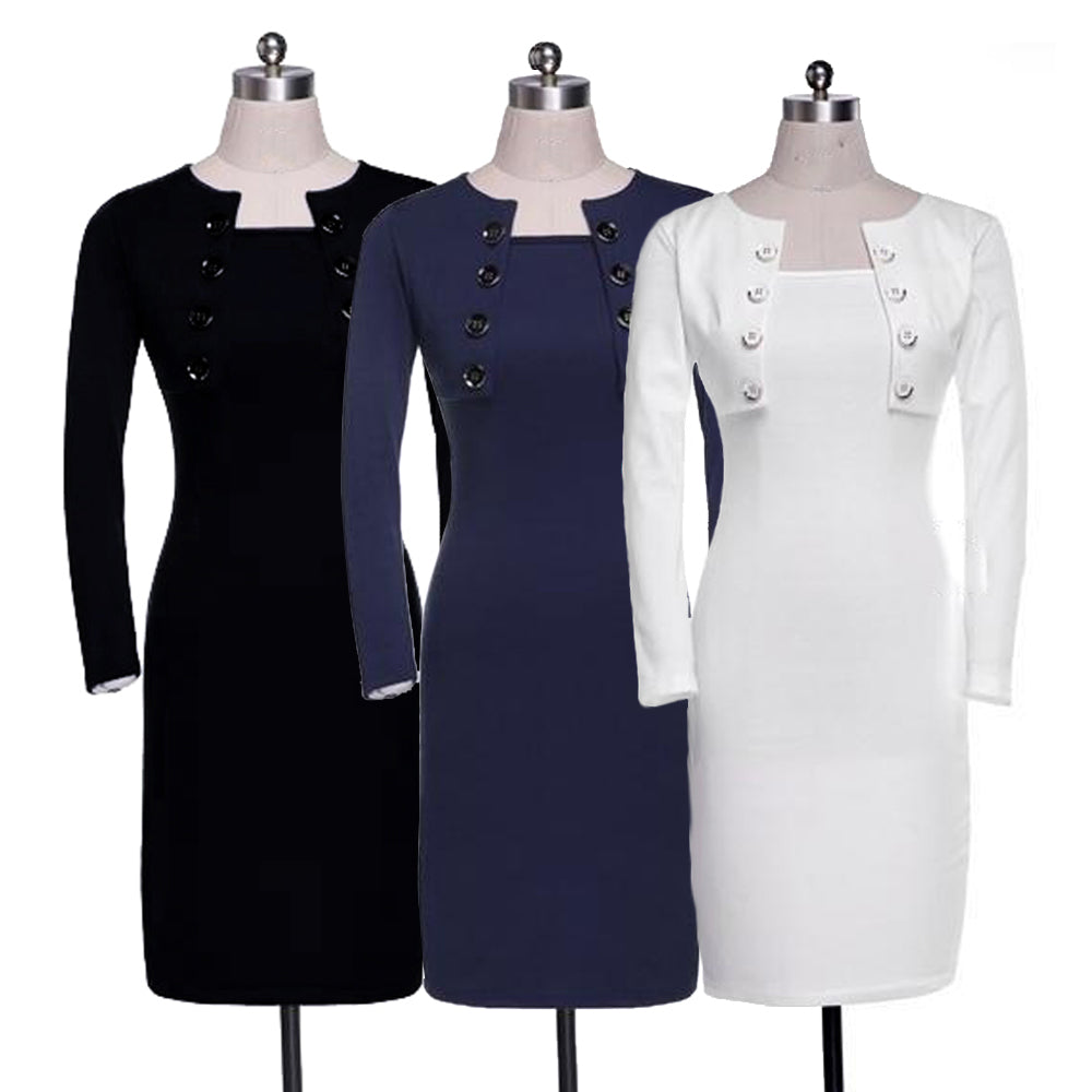Women Elegant Long Sleeve Tunic Stretch Business Work Party Bodycon Sheath Dress
