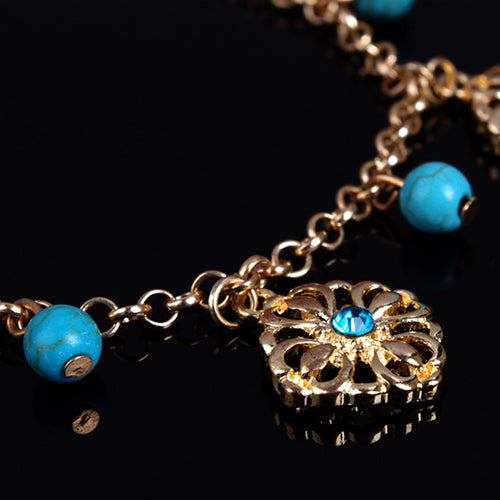 Boho Double Layers Rhinestone Flower Turquoise Foot Chain Anklet Ankle Bracelet
