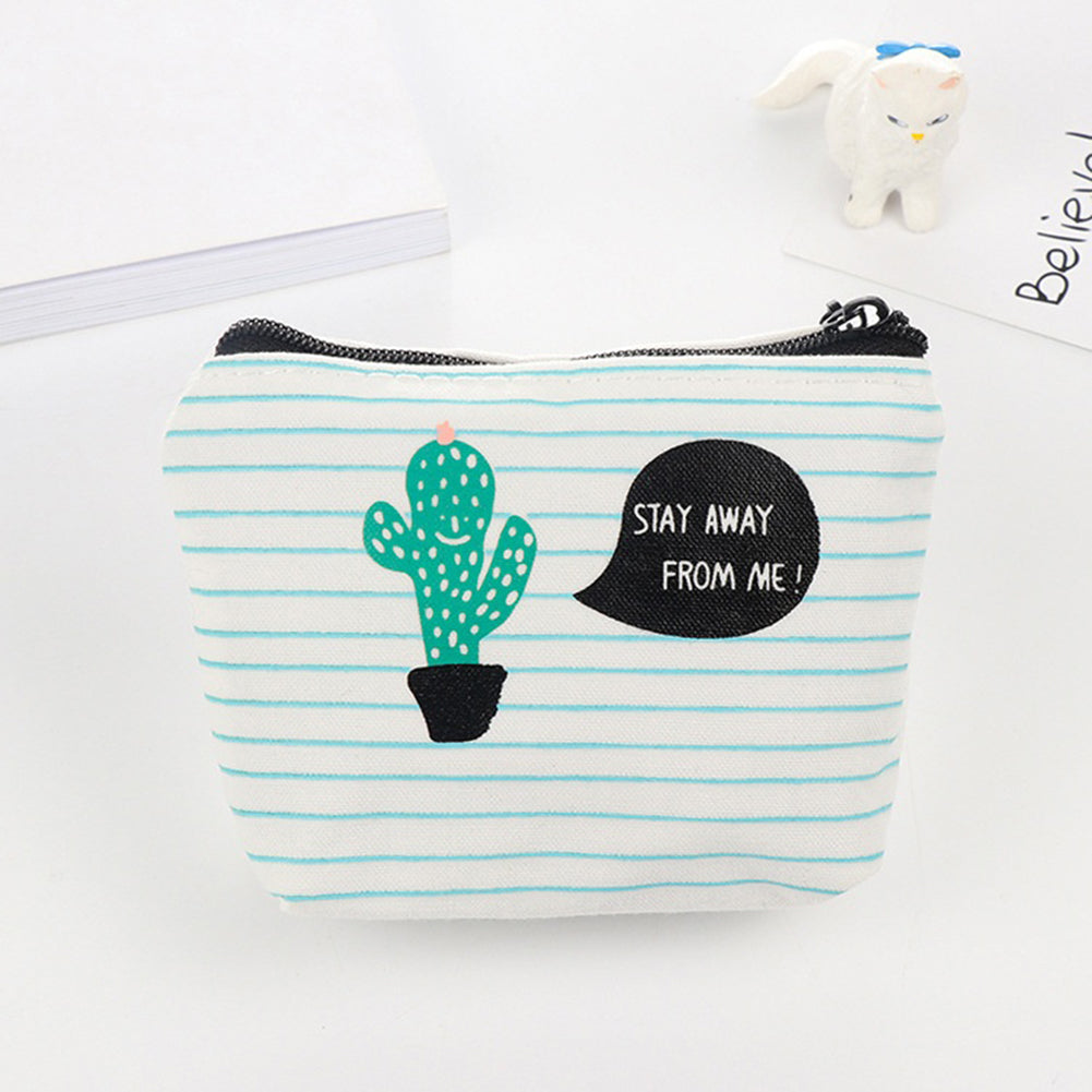 Green Cactus Print Canvas Coin Purse Mini Card Holder Zipper Pouch Wallet