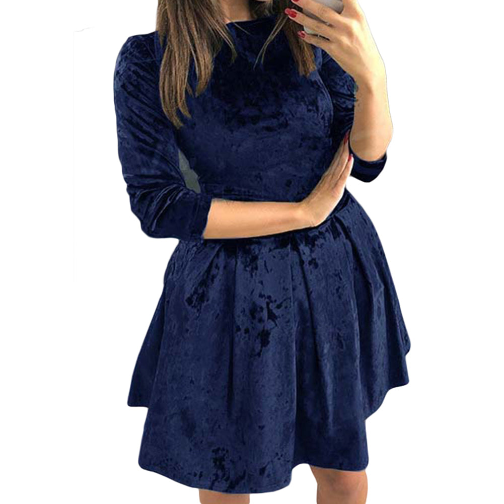 Winter Three-quarter Sleeve Evening Party Solid Color Crushed Velour Mini Dress