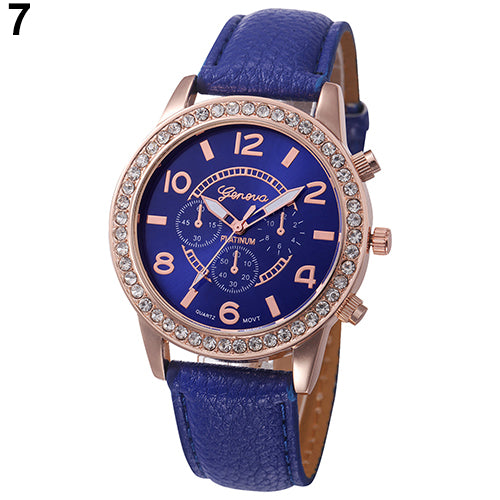 Fashion Women Geneva Rhinestone Big Dial Faux Leather Analog Wrist Watch Gifts