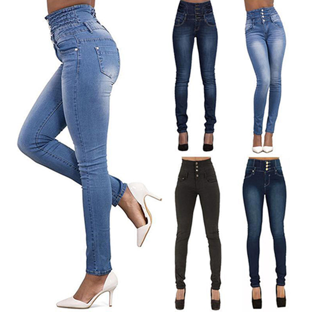 Women Fashion High Waist Slim Skinny Jeans Stretch Pencil Pants Denim Trousers