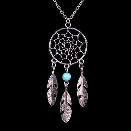 Women Ethnic Turquoise Feather Wing Pendant Dream Catcher Charm Chain Necklace