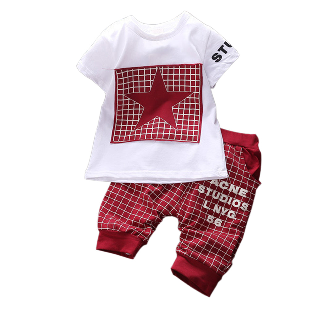 Baby Boy Clothes Set Summer Short Sleeve Star Plaid Print T-Shirt Pants Outfit