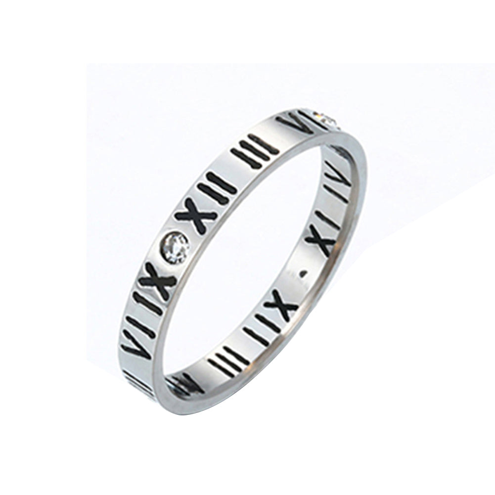 Punk Roman Numerals Rhinestone Stainless Steel Finger Jewelry Couple Ring Gift
