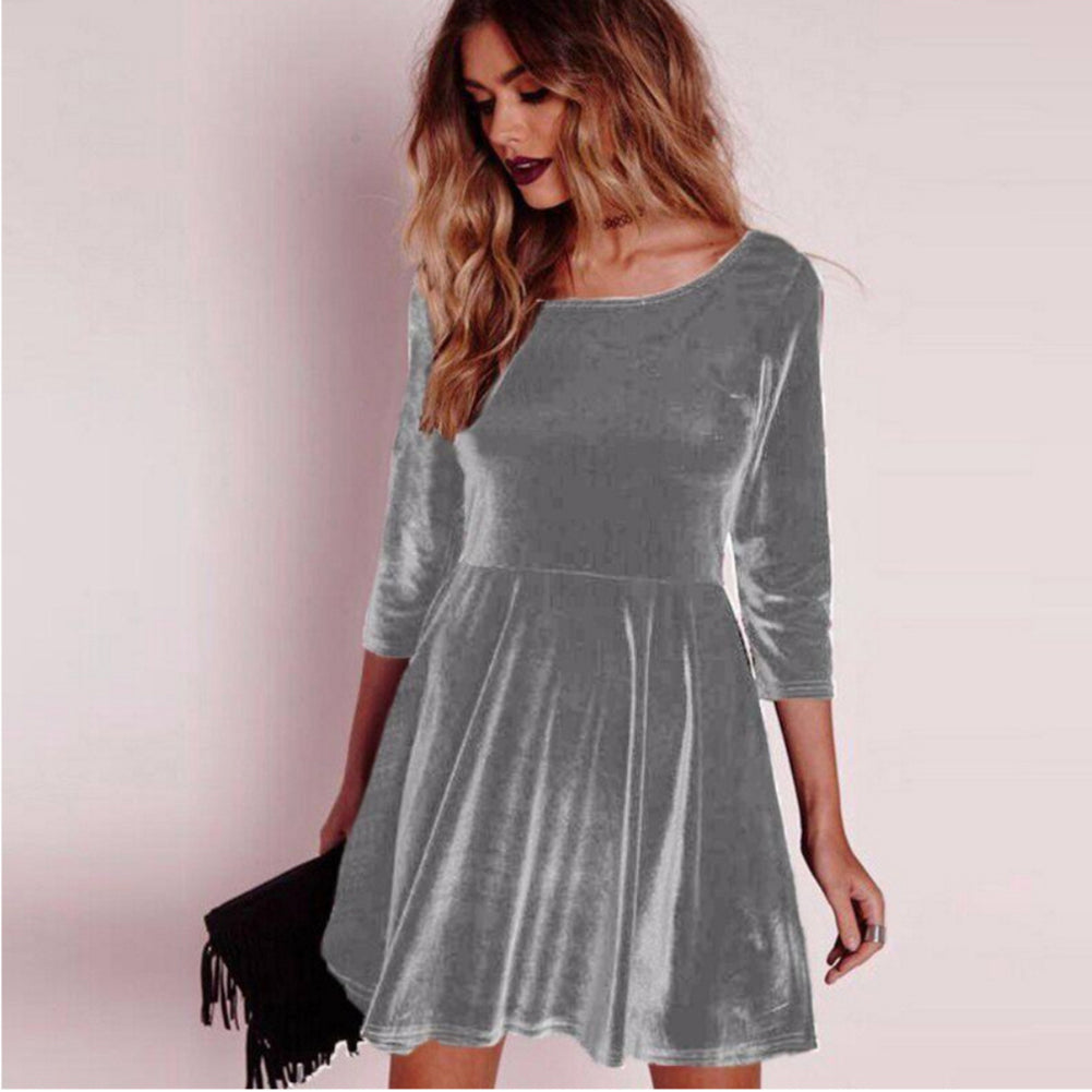 Winter Women Solid Color Long Sleeve Velvet Swing Party Evening Slim Mini Dress