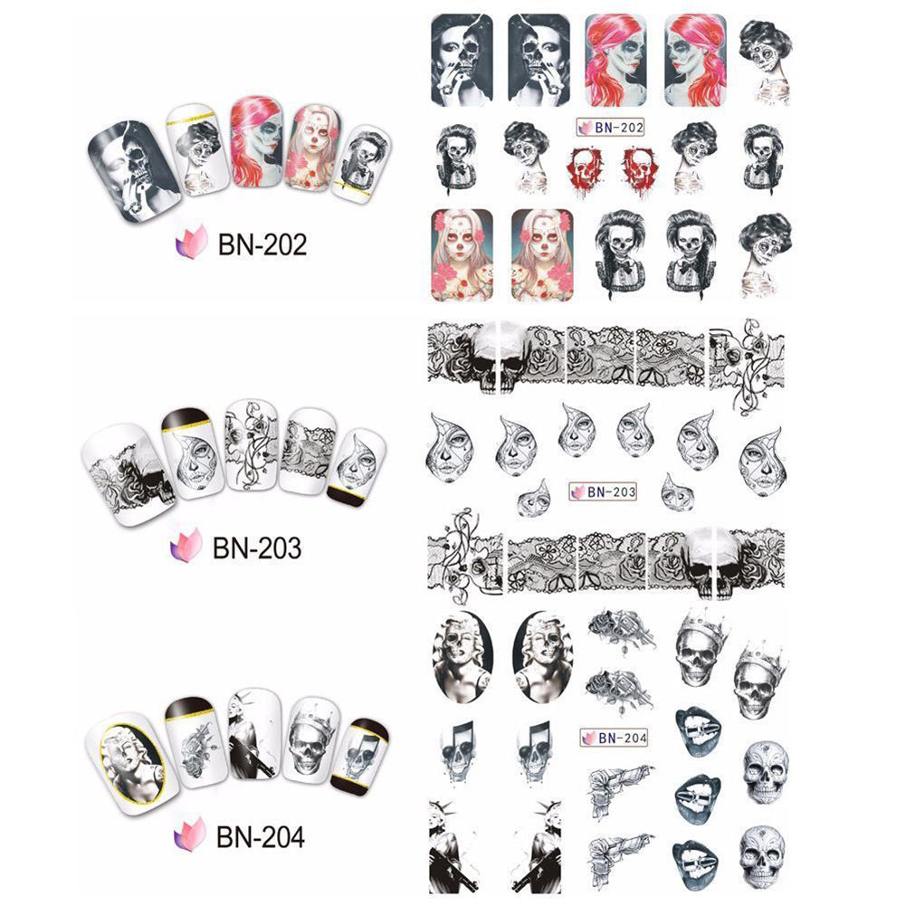 24Pcs Halloween Cartoon Skull Water Transfer Manicure DIY Tips Nail Art Stickers