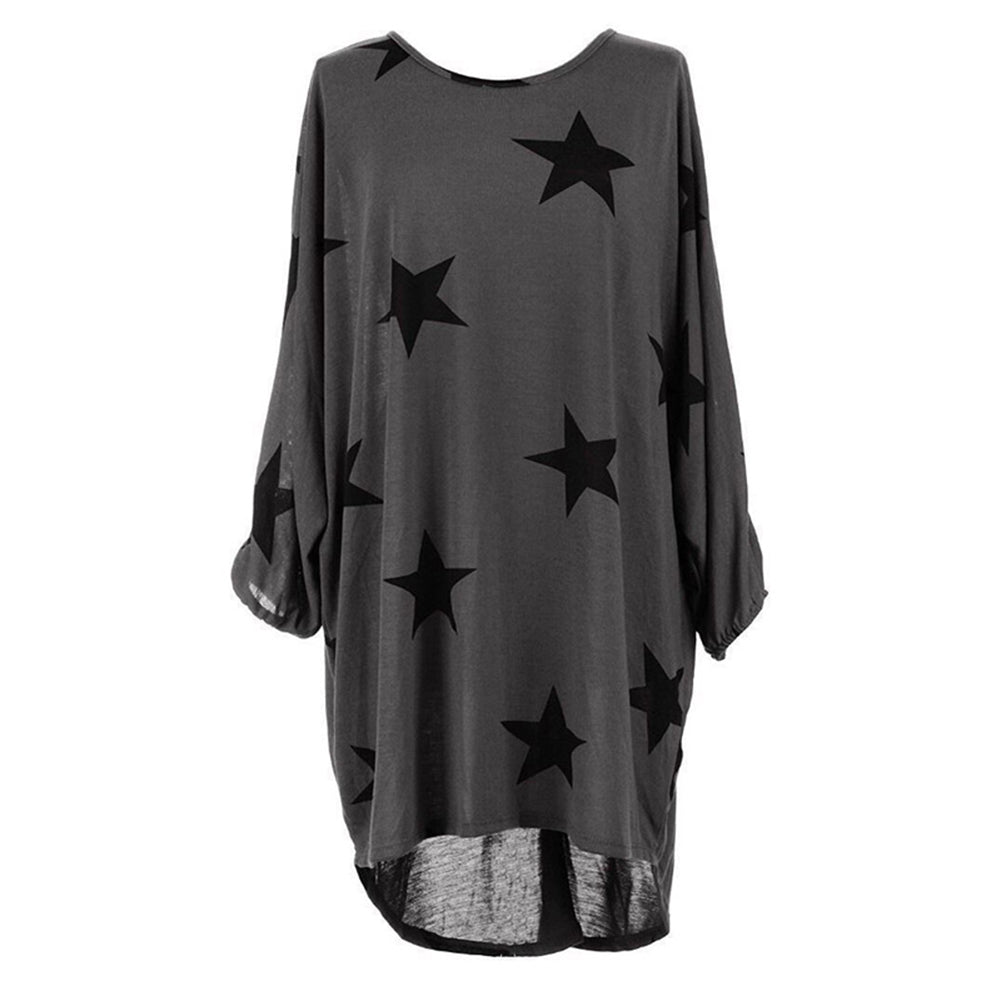 Stars Print Long Sleeve Round Neck Women Spring Loose Long T-shirt Top Dress