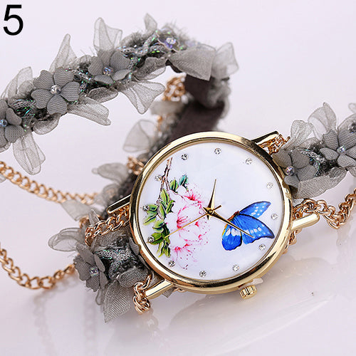 Lady Analog Golden Tone Case Flowers Butterfly Rhinestone Lace Alloy Chain Watch