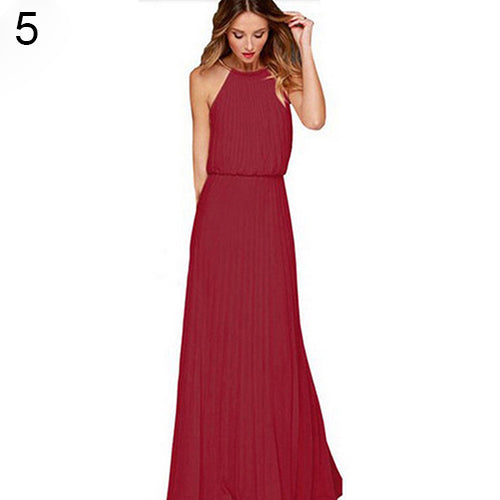 Women Fashion Sexy Solid Sleeveless Halter Pleated Casual Long Dress Sundress