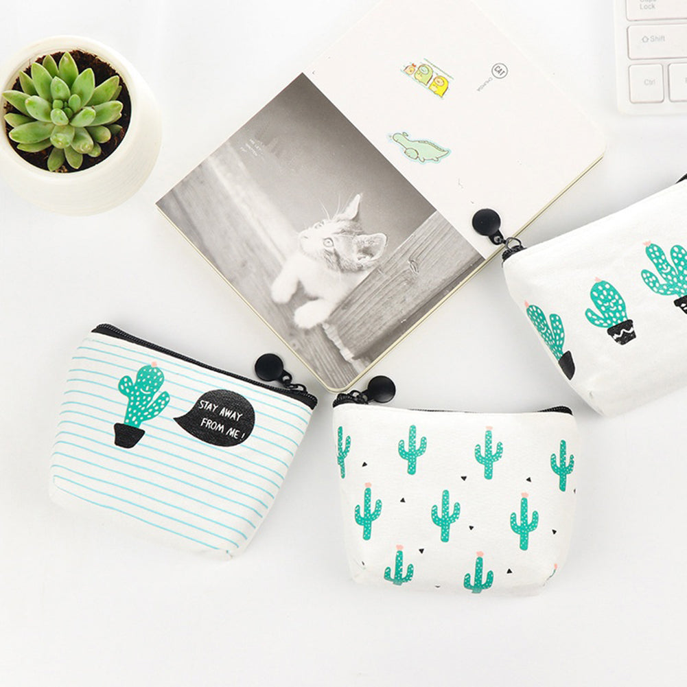 Green Cactus Print Canvas Coin Purse Mini Card Holder Zipper Pouch Wallet