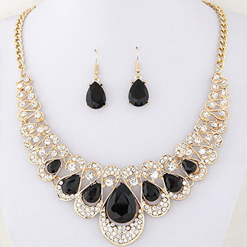 Women Fashion Rhinestone Waterdrop Pendant Necklace Shiny Earrings Jewelry Set