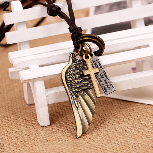 Antique Vintage Angel Wing Letter Carved Men Women Faux Leather Pendant Necklace