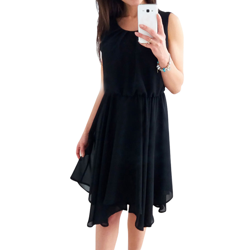 Summer Fashion Women Sleeveless Solid Color Irregular Hem Chiffon Casual Dress