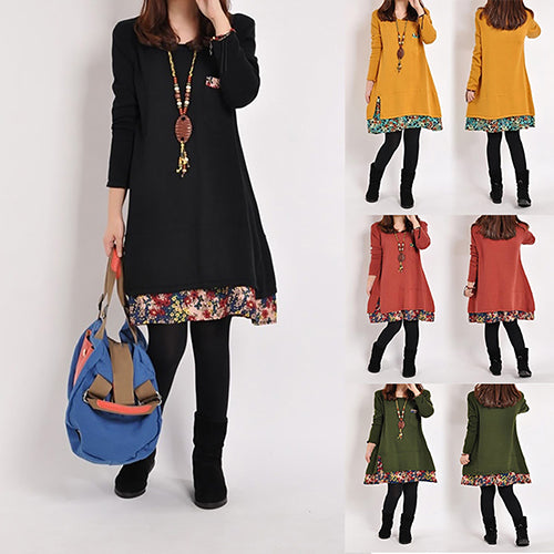 Women Casual Round Neck Pullover T-Shirt Loose Floral Hem Blouse Top Dress