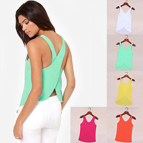 Women Candy Color Sexy Chiffon Cross Back Sleeveless Summer Casual Tank Top