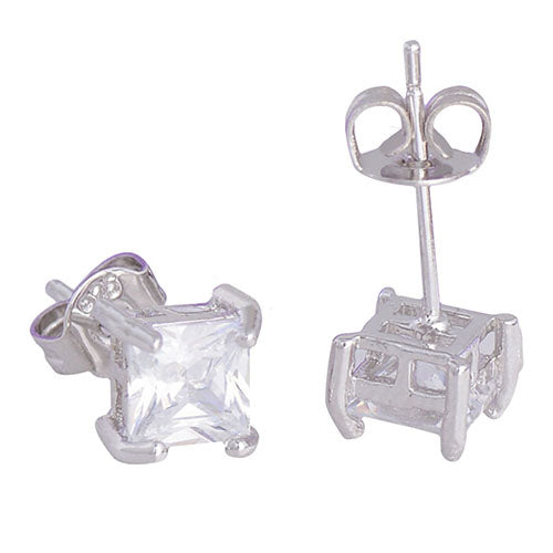 Fashion Women 925 Sterling Silver Clear Square Cubic Zirconia Ear Studs Earrings