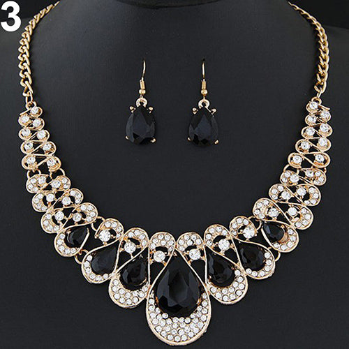 Women Fashion Rhinestone Waterdrop Pendant Necklace Shiny Earrings Jewelry Set