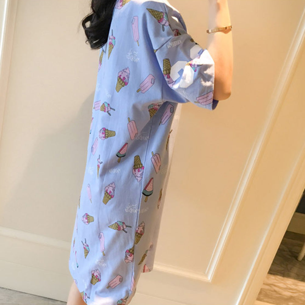 Women Cotton Short Sleeve O Neck Ice Cream Pattern Night Dress Night Sleepwear