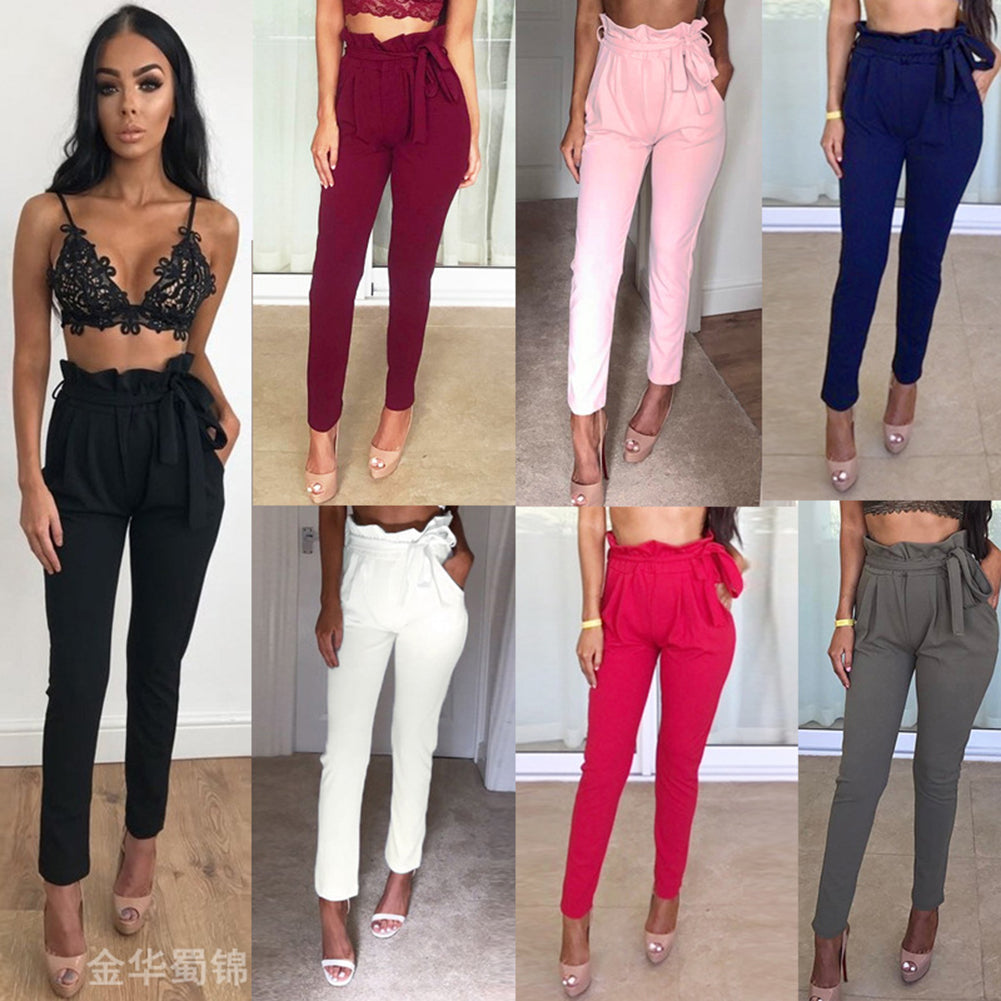 Women Casual Solid Color Trousers Waist Belt Ruffled Waist Long Pencil Pants