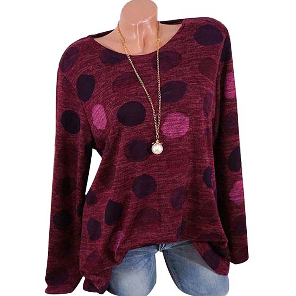 Fashion Dot Printed Round Neck Long Sleeve Women Casual Pullover T-shirt Top