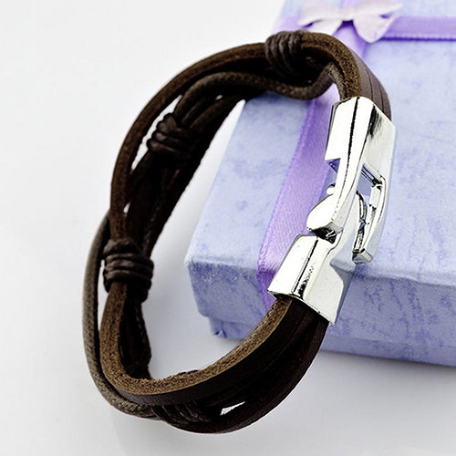 Men Surfer Hemp Faux Leather Hand Braided Multilayer Wristband Cuff Bracelet