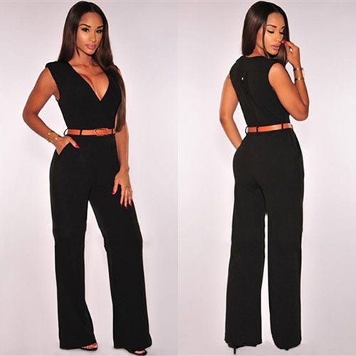 Women's Fashion Casual Deep V-Neck Sleeveless Wide Leg Jumpsuit Romper with Belt