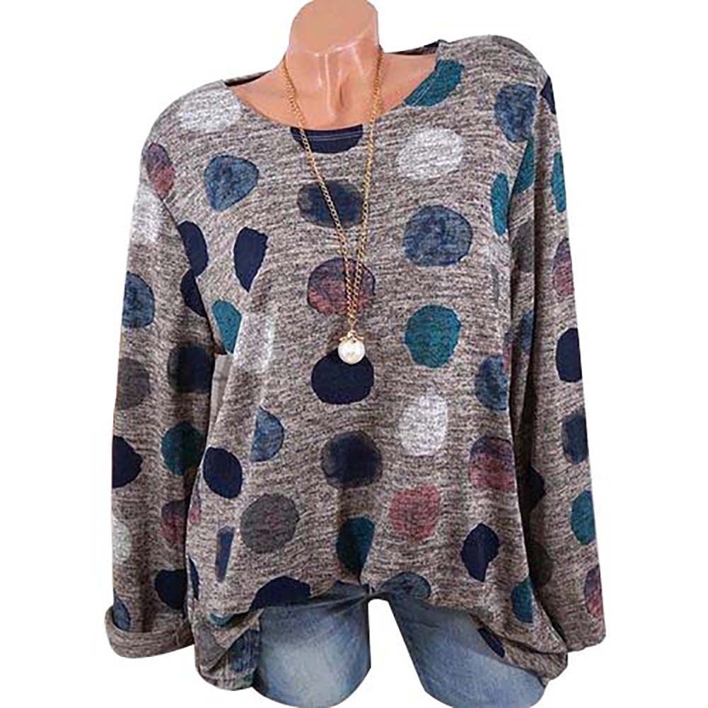 Fashion Dot Printed Round Neck Long Sleeve Women Casual Pullover T-shirt Top