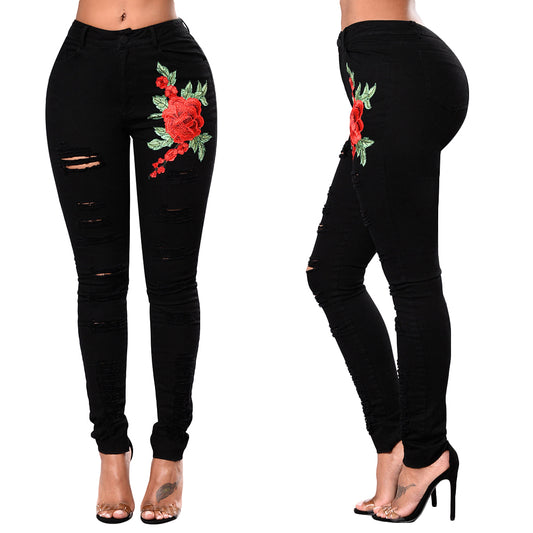 Fashion Lady Ripped Jeans Casual Embroidered Denim Elasticity Pencil Long Pants