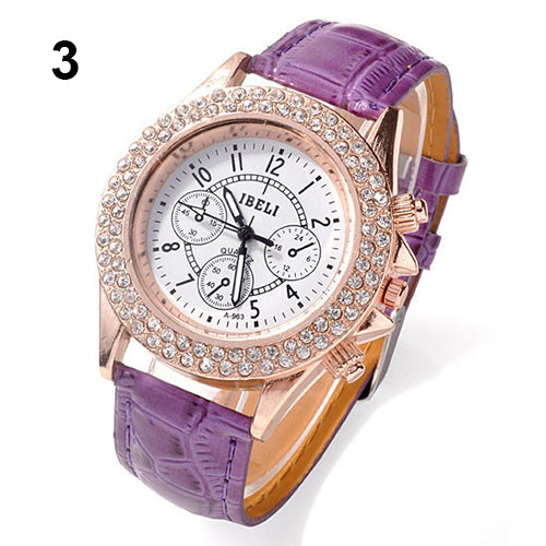 Women Shiny Rhinestone Decorated Bezel Analog Quartz Faux Leather Wrist Watch