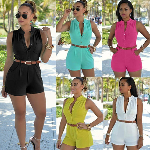 Sexy Women One Piece Button-Front High Waist V-Neck Rompers Jumpsuit with Belt