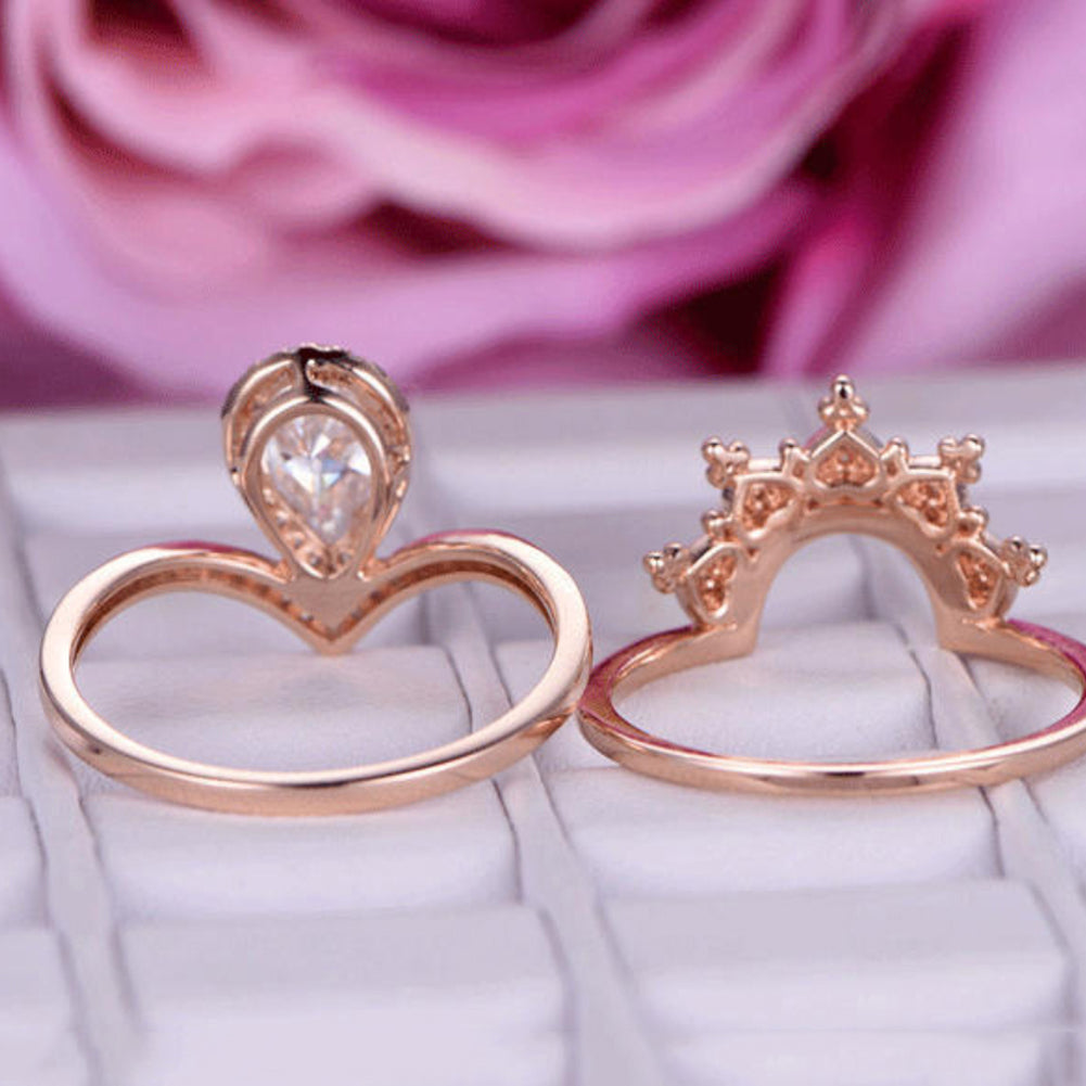 2Pcs Women Rings Set Chic Curved Crown Zircon Jewelry Engagement Party Gift