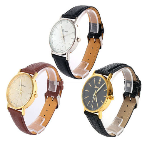Men's Women's Geneva Round Roman Numerals Dial Faux Leather Quartz Wrist Watch