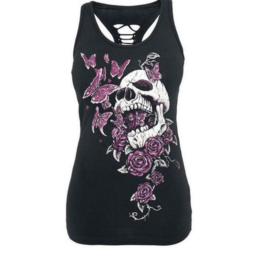 Women Summer Fashion Skull Print Sleeveless Slim Fit Hollow Out Tank Top Vest