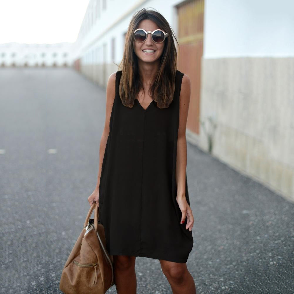 Summer Casual Loose Tank Vest V-Neck Sleeveless Women Solid Color Mini Dress