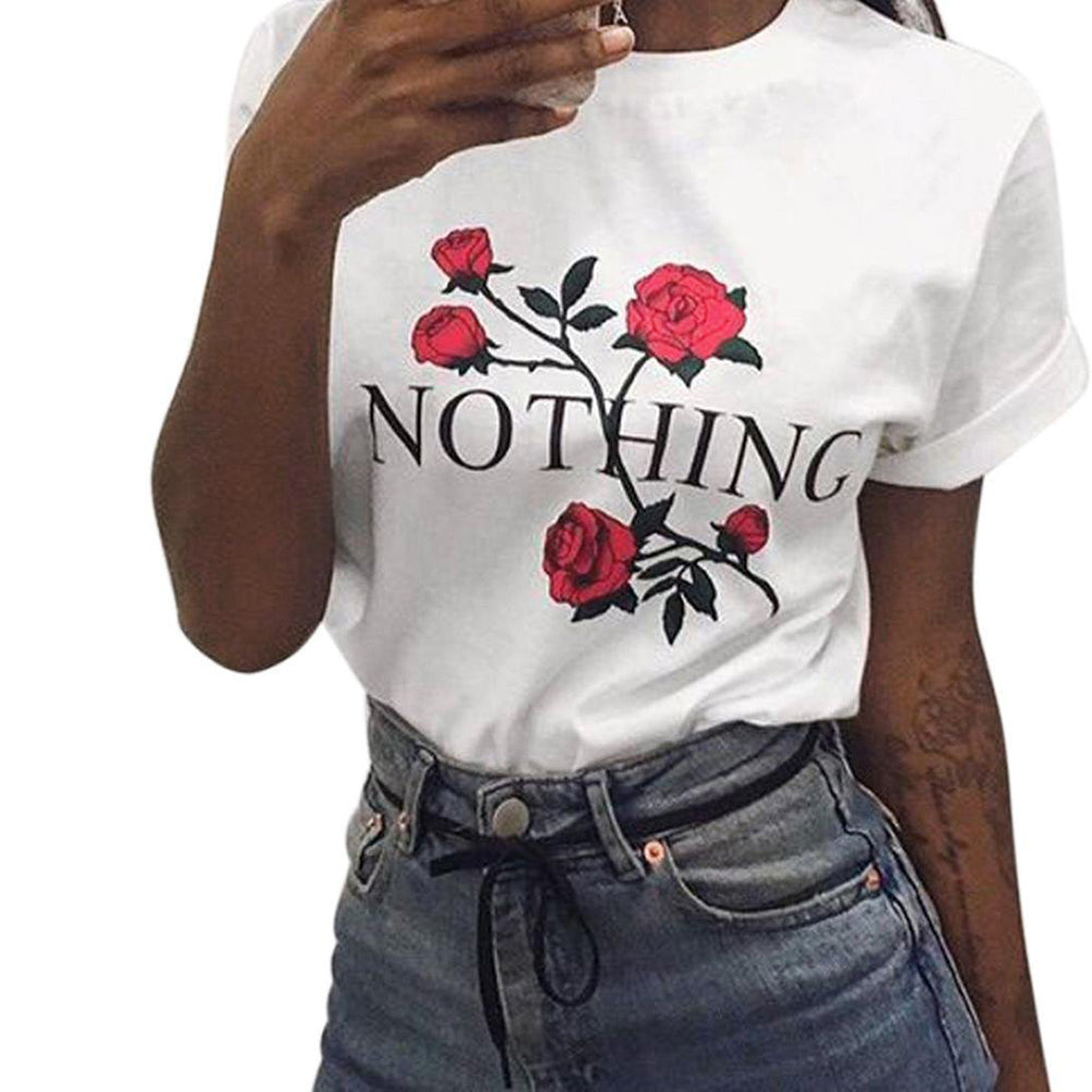 Nothing Letter Print Rose Flower Short Sleeve T-shirt Summer Women's Tee Top