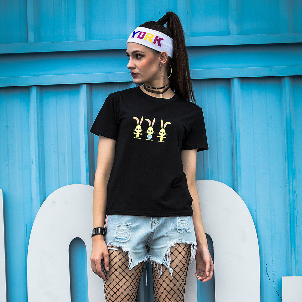 Cute Rabbit T-shirt Short Sleeve Crew Neck Cotton Summer Soft Casual Top Tee